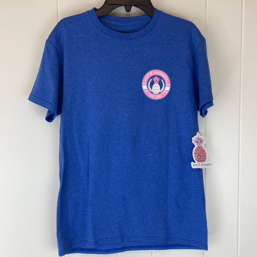 Love & Pineapples Womens Tee Size Small NWT. Blue and pink. Blessed Mamacita.